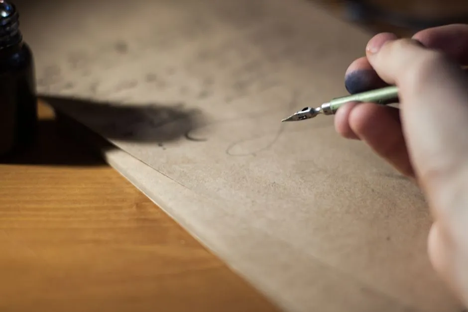 A hand holding a fountain pen over paper, evoking the start of a handwritten letter greeting