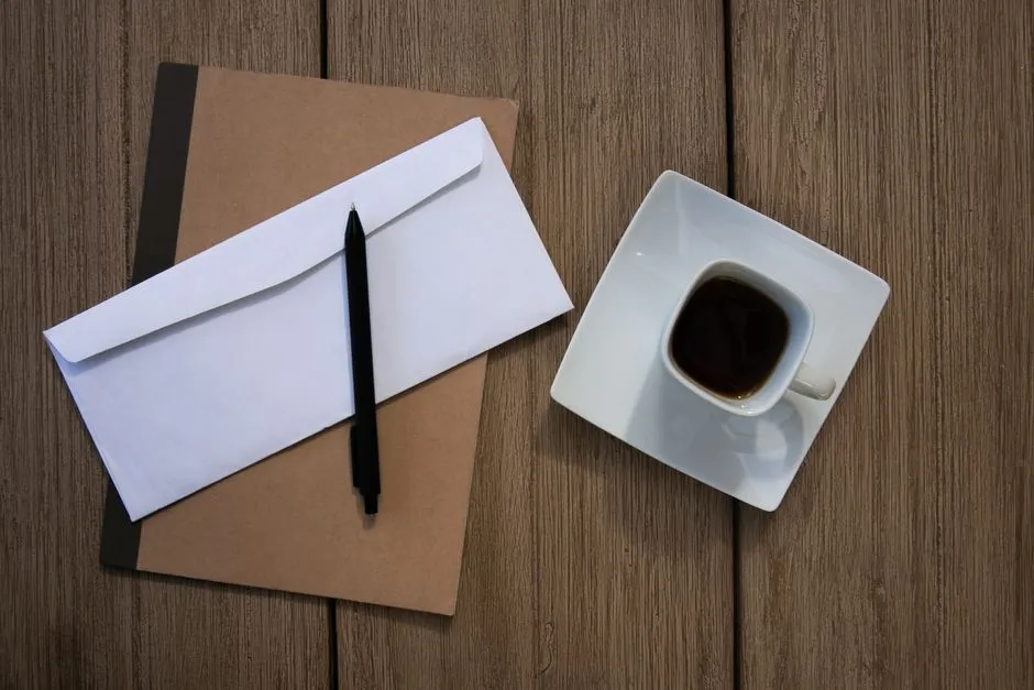 A sealed envelope and pen resting on a notebook, representing the choice between mailed and emailed correspondence